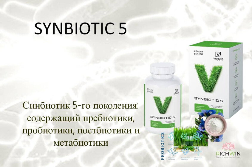 SYNBIOTIC 5 - синбиотик 5-го поколения. Cодержит пребиотики, пробиотики, постбиотики и метабиотики